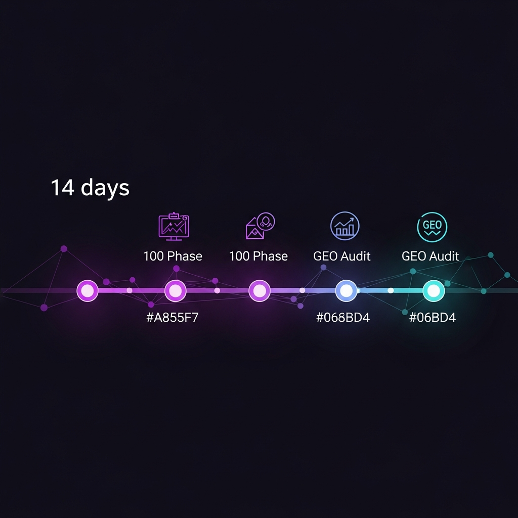 Auditoría GEO paso a paso: cómo evaluar tu presencia en IA en 14 días Cronograma visual de 14 días con cuatro fases de auditoría GEO