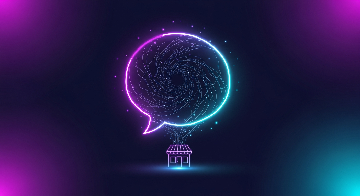 Cómo hacer que ChatGPT recomiende tu negocio en 2026 Cómo aparecer en ChatGPT: burbuja de chat con patrón neuronal espiral del que emerge la recomendación de un negocio