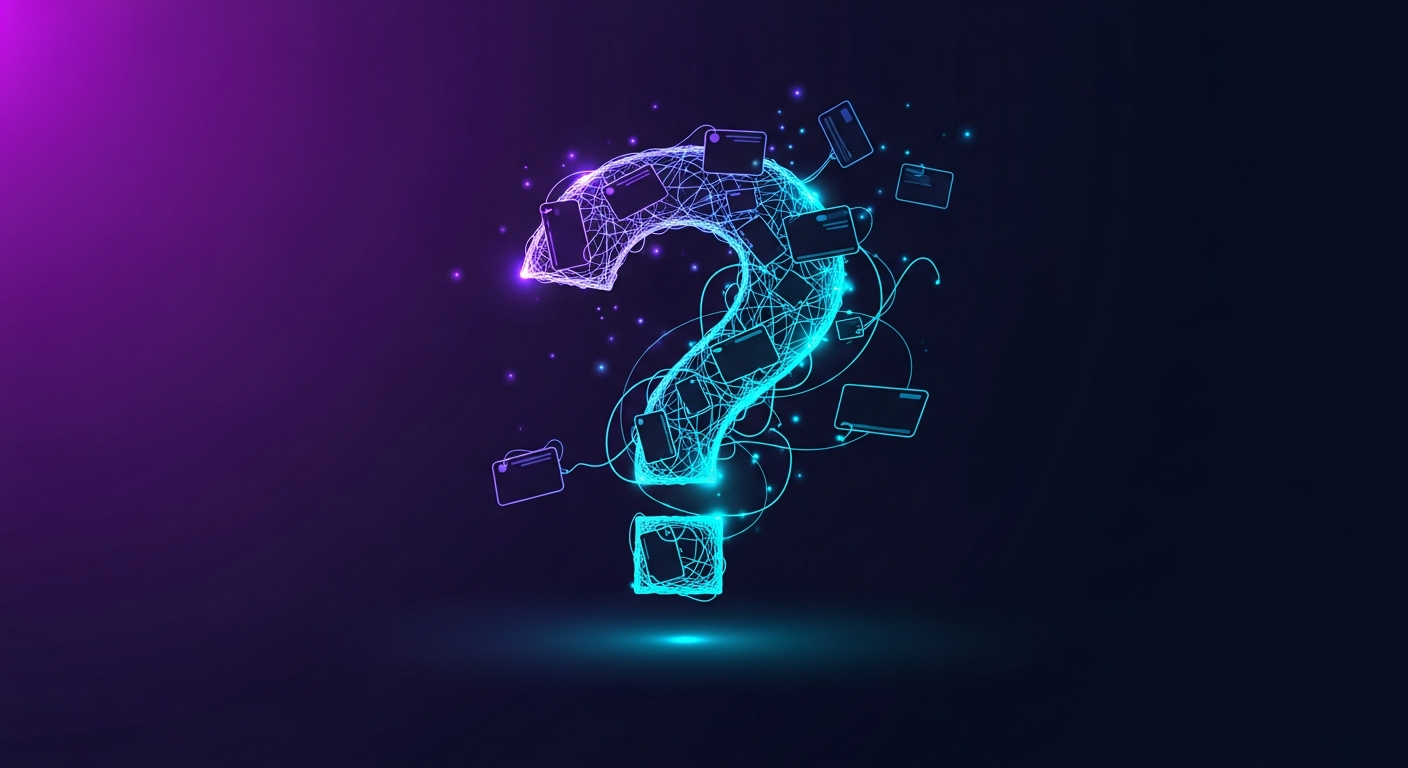 Cómo aparecer en Perplexity AI: guía práctica para empresas Cómo aparecer en Perplexity AI: signo de interrogación que se transforma en tarjetas de citas conectadas con líneas brillantes en tonos cian