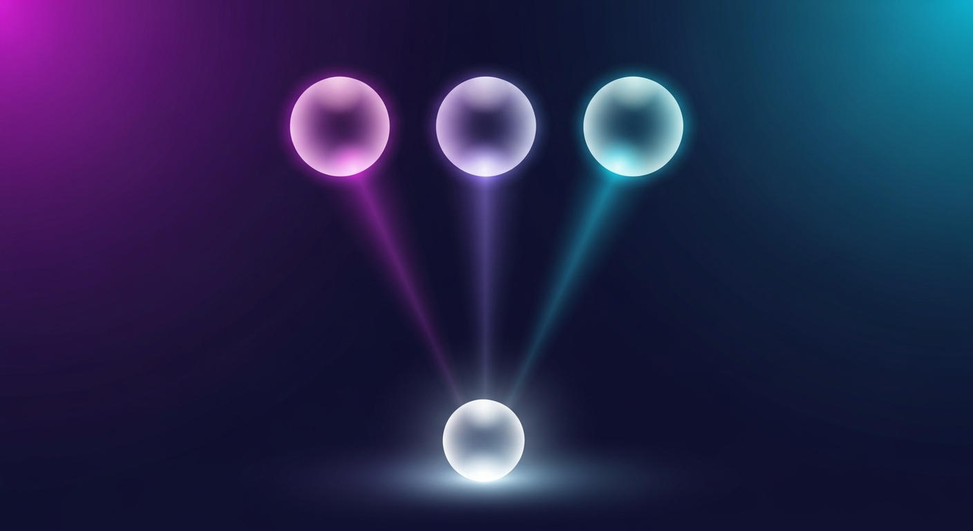 Gemini vs ChatGPT vs Perplexity: cómo aparecer en todos los modelos de IA Posicionamiento multimodelo: tres esferas representando ChatGPT, Gemini y Perplexity conectadas a una marca central por haces de luz