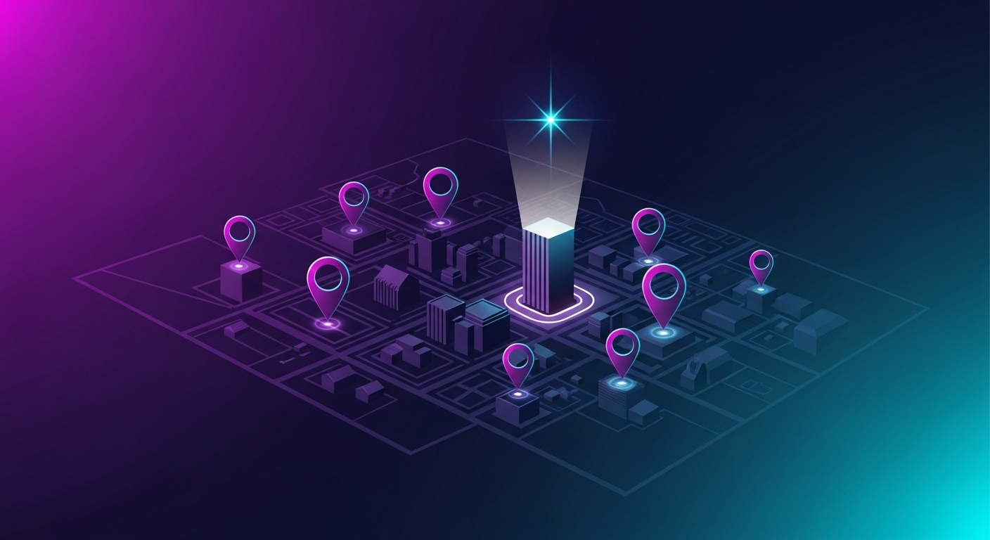 GEO para negocios locales: cómo dominar las búsquedas de IA en tu ciudad GEO para negocios locales: mapa estilizado con marcadores luminosos sobre comercios y haz de luz de IA destacando un escaparate concreto