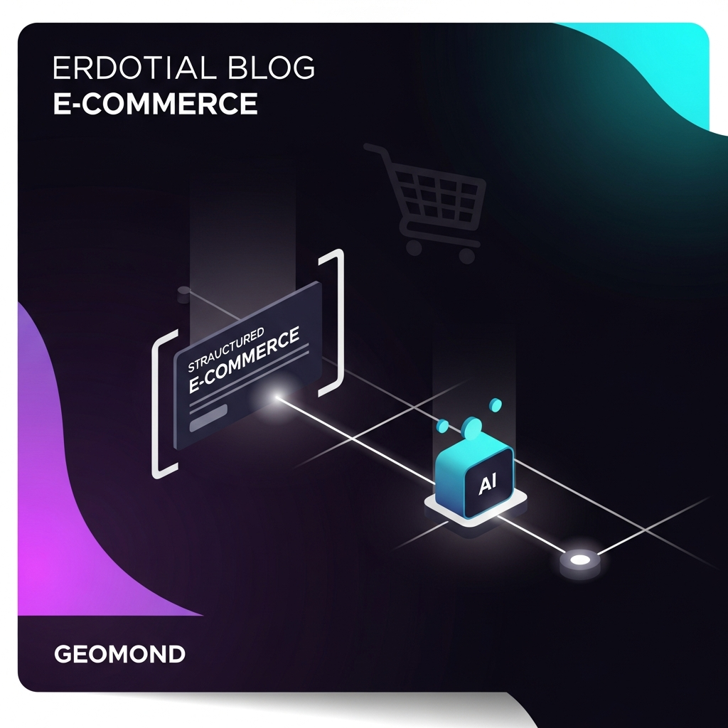 GEO para e-commerce en 2026: cómo aparecer cuando el comprador pregunta a la IA Ficha de producto con Schema.org marcado y un nodo de agente IA conectado