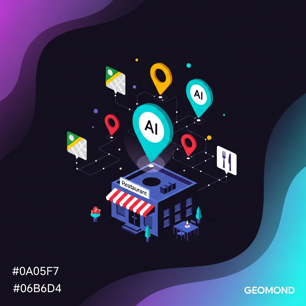 GEO para restaurantes y hostelería en 2026: cómo aparecer en las recomendaciones de IA Mapa estilizado de un restaurante con marcadores de Google y nodos de IA conectados
