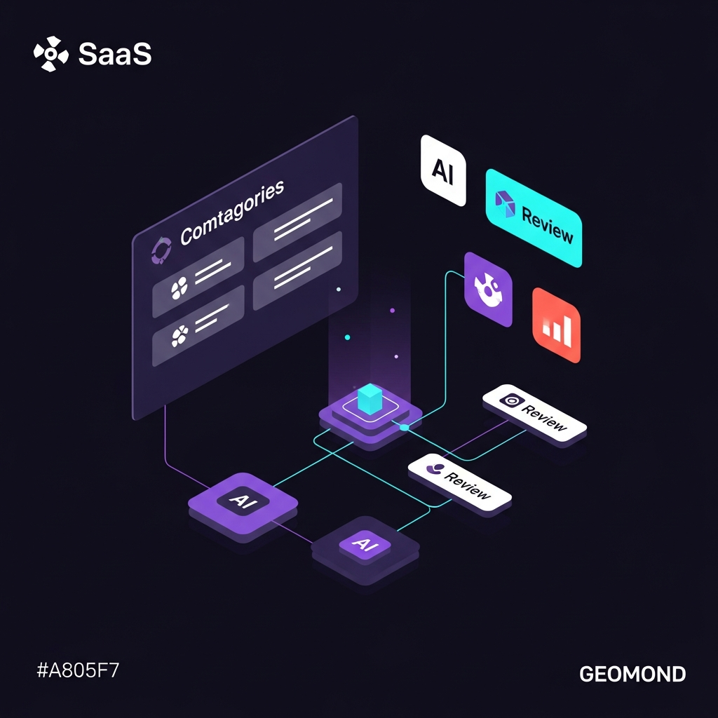 GEO para SaaS y startups en 2026: capturar prospects desde ChatGPT Dashboard de SaaS con categorías de comparativa y badges de plataformas de review