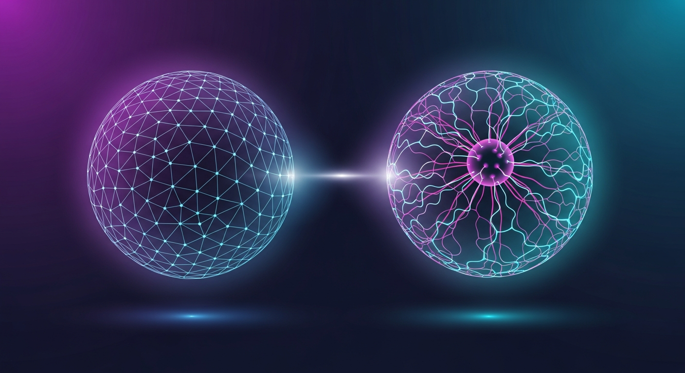 GEO vs SEO: diferencias clave y por qué tu empresa necesita los dos Comparativa visual entre GEO y SEO: dos esferas enfrentadas representando buscadores tradicionales y modelos generativos de IA, con líneas de conexión