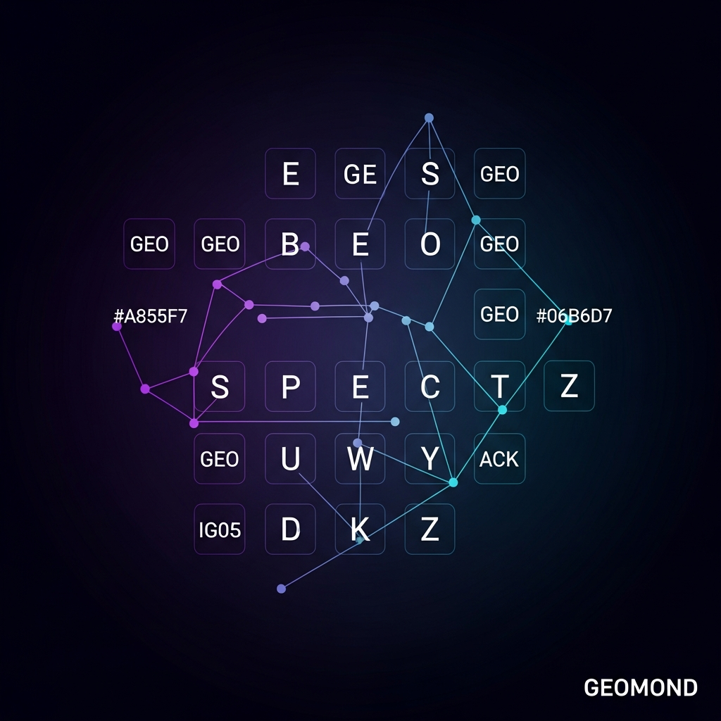 Glosario GEO 2026: 100 términos esenciales explicados Mosaico tipográfico con 100 términos clave del GEO sobre fondo oscuro