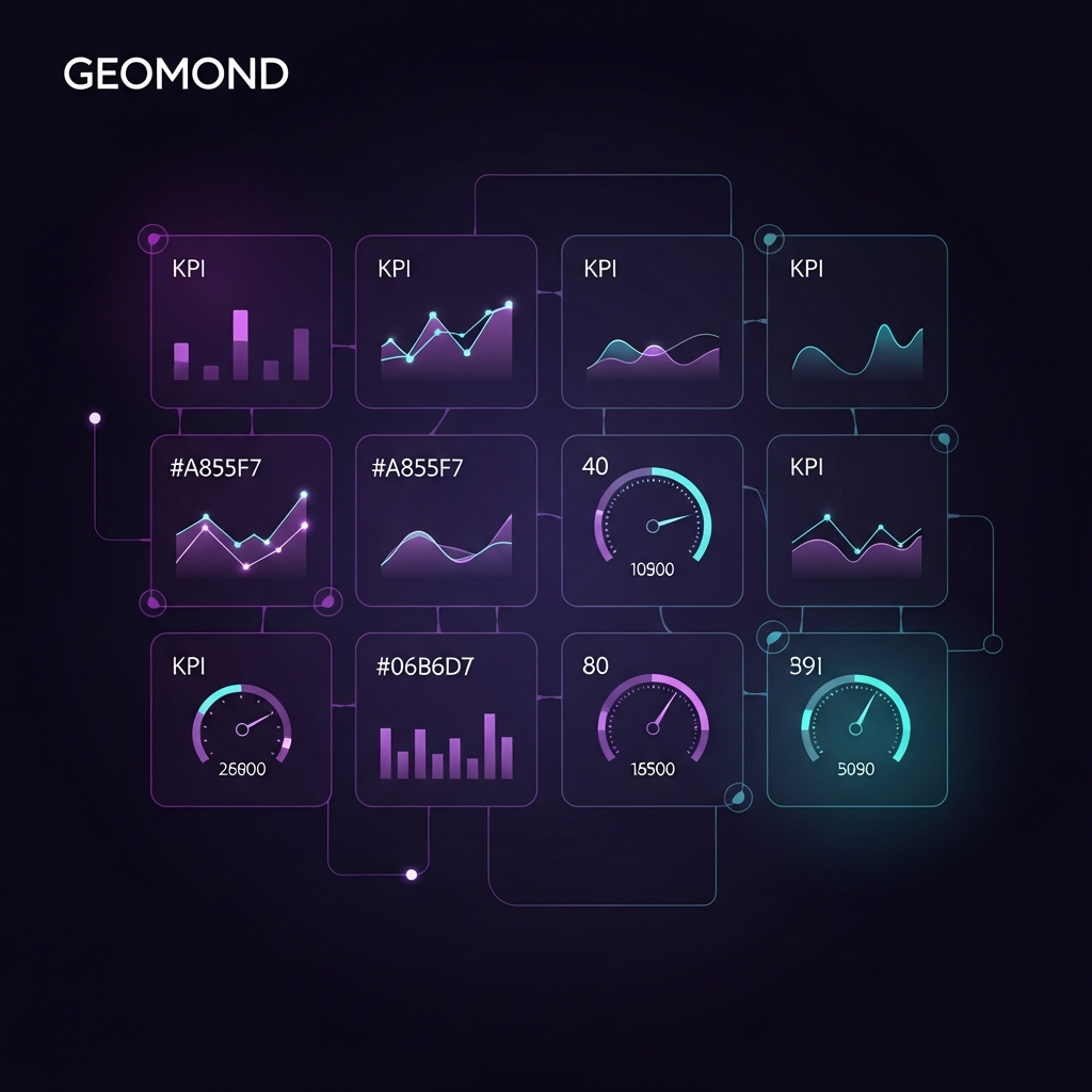 Métricas clave del GEO en 2026: los 12 KPIs imprescindibles Dashboard estilizado con doce indicadores clave de GEO y gráficos de tendencia