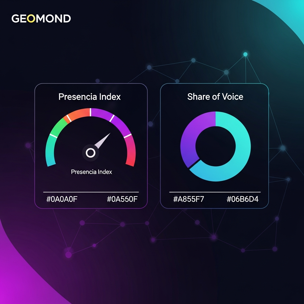 Presencia Index vs Share of Voice: diferencias y cuándo usar cada métrica Dos gráficos comparados: Presencia Index a la izquierda, Share of Voice a la derecha