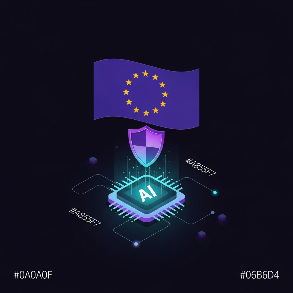 AI Act europeo en 2026: qué cambia para el GEO y el marketing en IA Bandera europea estilizada con un escudo regulatorio sobre un nodo de IA luminoso