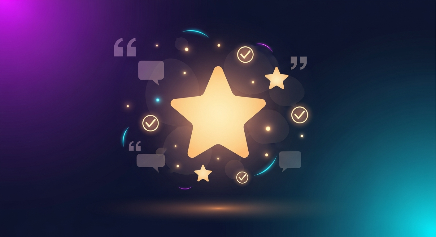Cómo obtener reseñas que mejoren tu visibilidad en IA Reseñas y reviews para GEO: estrellas de valoración flotantes con burbujas de cita y verificaciones, nube de reputación digital